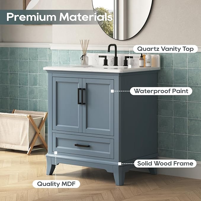 30 Inch Bathroom Vanity with Sink, Single Sink Bathroom Vanity with Adjustable Feet, Solid Wooden Frame Bathroom Storage Cabinet with Soft Closing Doors & Dovetail Drawers, Steel Blue