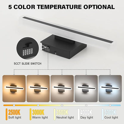JUSHENG Black Vanity Lights for Bathroom, 5CCT Dimmable Bathroom Light Fixtures Over Mirror, Modern LED Vanity Light Bar Above Mirror 16'' Inch 16W