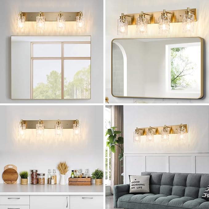 4 Light Bathroom Vanity Light Modern Brushed Gold Bathroom Light Fixtures Over Mirror with Hammered Glass Lampshade for Kitchen Hallway