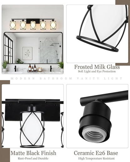 5-Light Matte Black Bathroom Light Fixtures Over Mirror, 38" UL-Listed Modern Farmhouse Wall Sconce Lights with Milk White Frosted Glass and Metal Cage for Bath, E26, CH9176BKW-5W