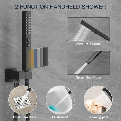 Shower Faucet Set Shower System, Push Button Diverter Shower Faucet | with 2 in 1 Handheld Shower Ceiling Mount 10 Inch Shower Head with 6 Inch Wall Mount Shower Head Double Matte Black