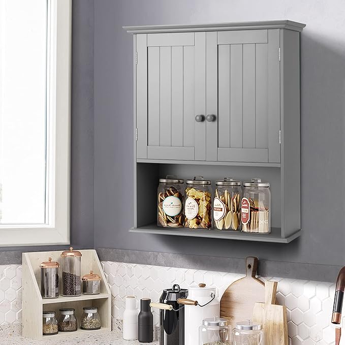 Tangkula Wall Mount Bathroom Cabinet Wooden Medicine Cabinet Storage Organizer with 2-Doors and 1-Shelf Cottage Collection Wall Cabinet (Grey)