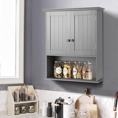 Tangkula Wall Mount Bathroom Cabinet Wooden Medicine Cabinet Storage Organizer with 2-Doors and 1-Shelf Cottage Collection Wall Cabinet (Grey)