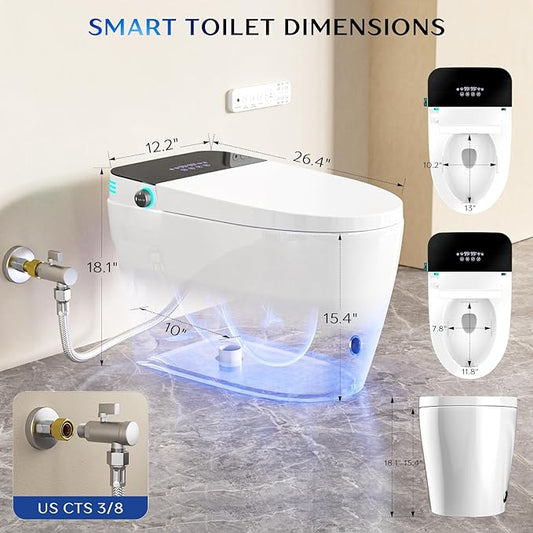 Smart Toilet, One Piece Toilet, Smart Toilet with Bidet Built In LED Display, Foot Sensor, Heated Bidet Seat, Blackout Flush, Warm Water and Dryer