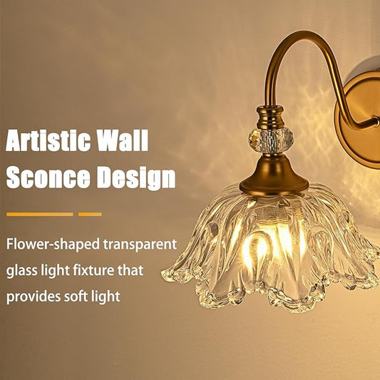 1 Piece Vintage Wall Sconce with Floral Clear Glass Shade, Matte Brass Finish Wall Mount Lighting for Bathroom,Vintage Bathroom Vanity Light Fixtures