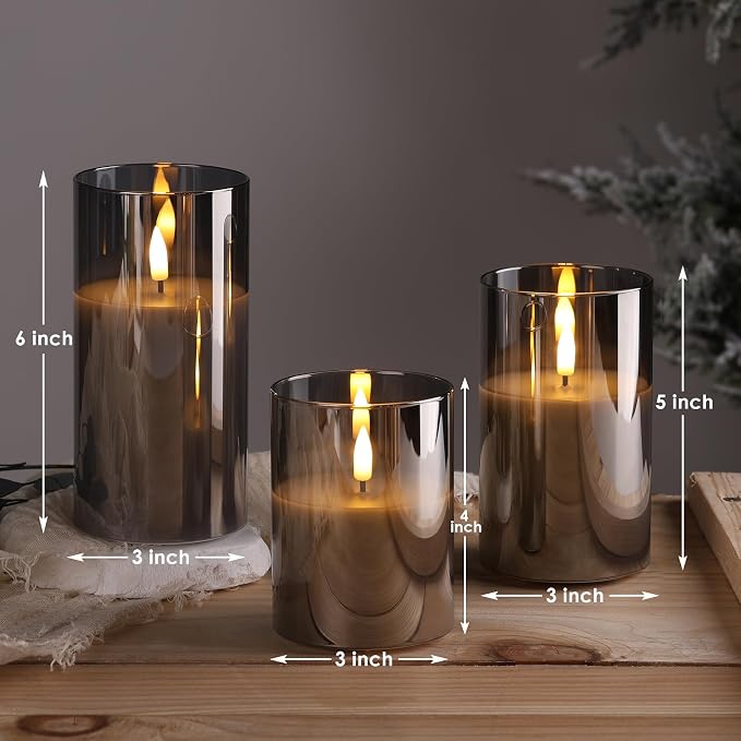 Smoke Grey Glass Flameless Pillar Candles with Remote, Flickering LED Battery Candles Table Decor Set of 3