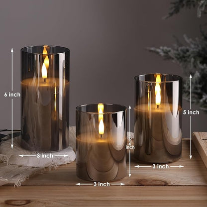 Smoke Grey Glass Flameless Pillar Candles with Remote, Flickering LED Battery Candles Table Decor Set of 3