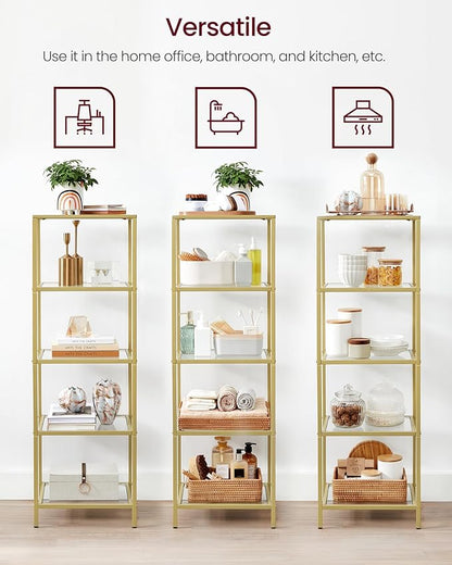 VASAGLE Bookcase, 5-Tier Bookshelf, Slim Shelving Unit for Bedroom, Bathroom, Home Office, Tempered Glass, Steel Frame, Metallic Gold ULGT029A01