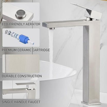 Vessel Sink Faucet, Brushed Nickel 1 Hole Single Handle Tall Bathroom Vanity Faucets, Modern Utility Rv Laundry Bath Restroom Mixer Tap with Metal Pop Up Drain and 2 Water Supply Lines