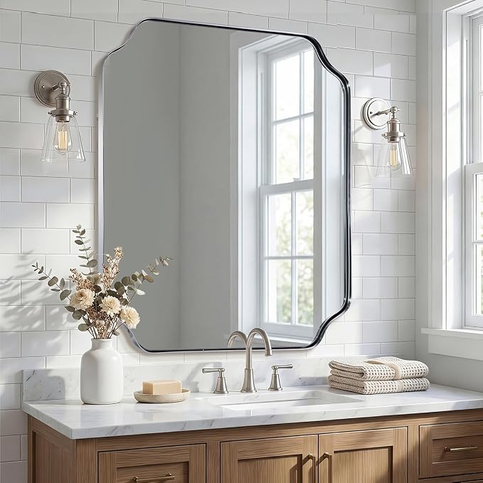 36x40 Inch Chrome Bathroom Mirror, Large Scalloped Mirror for Wall, Modern Polished Nickel Mirror in Anti-Rust Stainless Steel Meral Thin Frame, Ideal for Bathroom Remodel