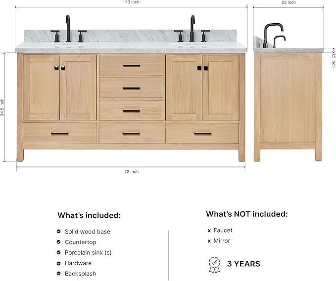 ARIEL Cambridge 72-inch Bathroom Vanity with Sink,Solid Wood, 1.5-inch Italian Carrara Marble Countertop, Double Oval Porcelain Sink, 4 Soft Closing Doors, 6 Dovetail Drawers, White Oak