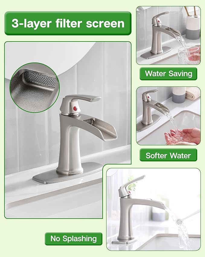 Fapully Bathroom Faucets Brushed Nickel, Modern Waterfall Bathroom Sink Faucet with Single Handle for 1 or 3 Holes, Vanity Faucet with Deck Plate and Drain