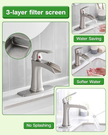 Fapully Bathroom Faucets Brushed Nickel, Modern Waterfall Bathroom Sink Faucet with Single Handle for 1 or 3 Holes, Vanity Faucet with Deck Plate and Drain