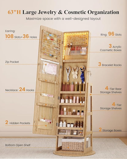 LVSOMT Standing Jewelry Cabinet Mirror with Adjustable LED Light Wood | 63" Lockable Jewelry Armoire Organizer with 4 Rear Shelves & Hooks, 360° Swivel, for Bedroom, Living Room, Women Girls Gift