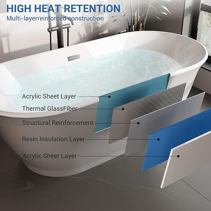 67" Oval Freestanding Bathtub, Acrylic Soaking Tub with Overflow, Matte Silver Drain, Modern Stand Alone Tub, Deep Free Standing Bath Tub for Bathroom, Hotel, Easy Install, CUPC Certified, White