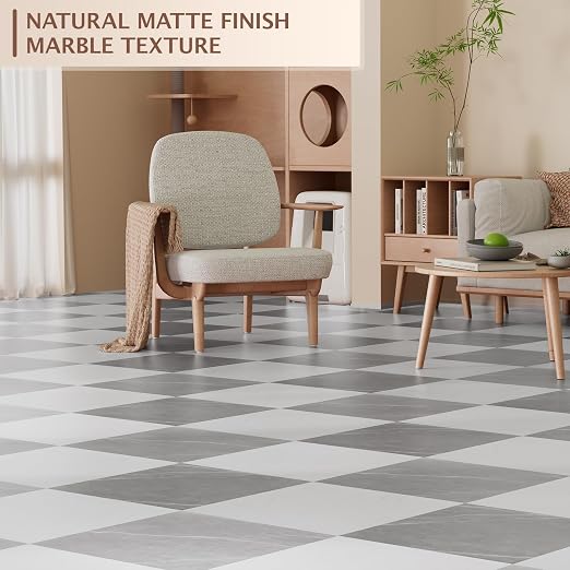 Peel and Stick Floor Tile, 20 PCS 12" x 12" Checkered Waterproof Marble Texture Luxury Vinyl Tiles, Easy DIY Self Adhesive Vinyl Flooring for Bathroom, Kitchen, Living Room, Dark Gray/White