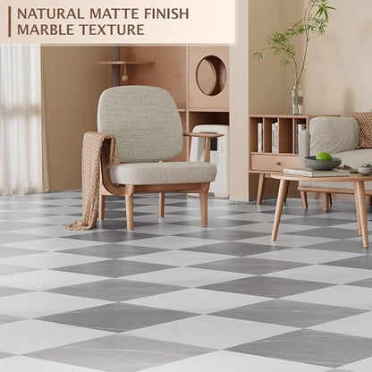 Peel and Stick Floor Tile, 20 PCS 12" x 12" Checkered Waterproof Marble Texture Luxury Vinyl Tiles, Easy DIY Self Adhesive Vinyl Flooring for Bathroom, Kitchen, Living Room, Dark Gray/White