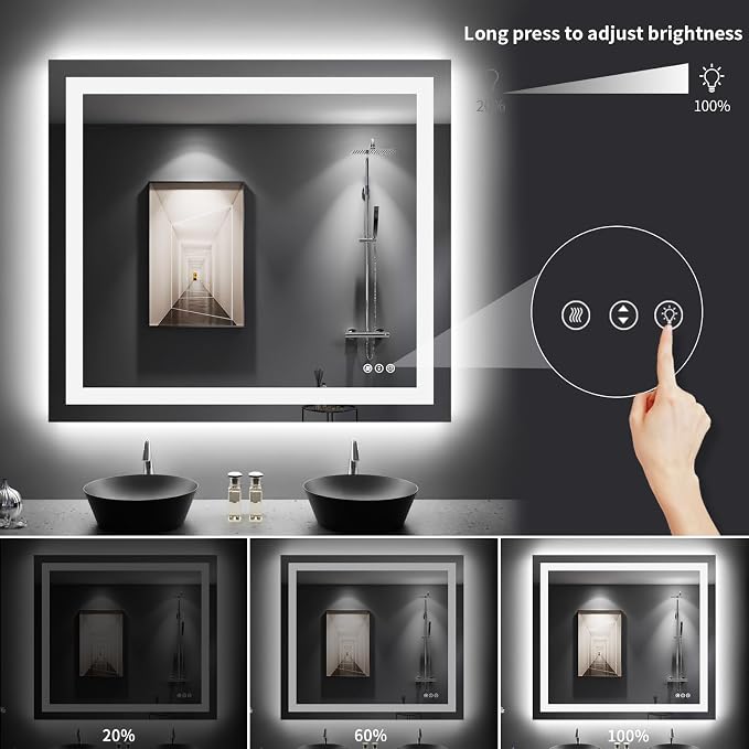 LOAAO 40"X36" LED Bathroom Mirror with Lights, UL Listed | Anti-Fog, Dimmable, 3 Color Temperature, Backlit + Front Lit, Memory Function, Tempered Glass