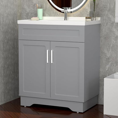 Bathroom Vanity with Ceramic Sink, Bathroom Vanity Cabinet with 2 Doors, 32 Inches Wooden Cabinet with Sink, Grey