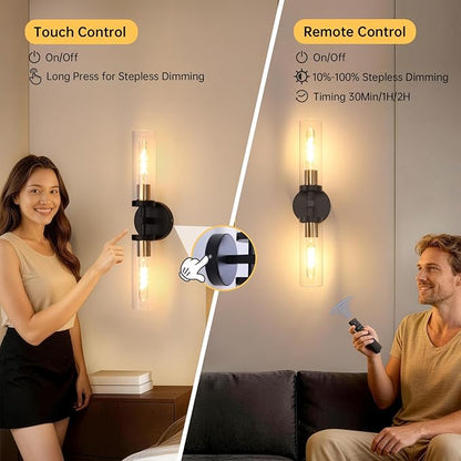 Shenmoyl Set of 2 Wall Sconces, 7800 mAh Battery Operated Wall Sconce with 3 Colors & Remote Control, Black Gold Rechargeable Wall Lamp with Clear Glass Shade for Bedroom, Bathroom, Stairwell, Hallway