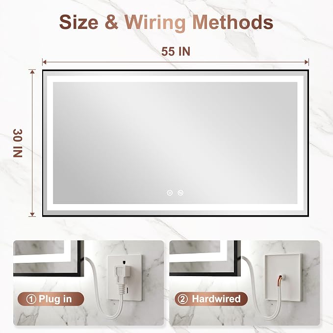 LED Bathroom Mirror with Lights, 30"x55" Black Framed Lighted Vanity Mirror | Anti-Fog, Dimmable 3 Color Temperature, Front & Backlit, Memory Function, Shatterproof Tempered Glass