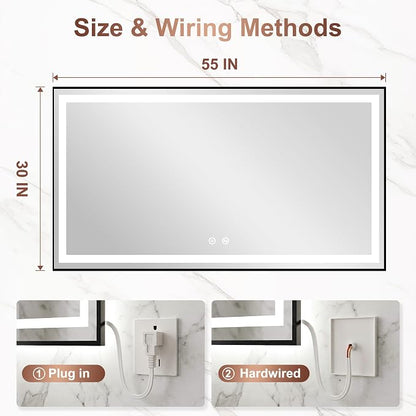 LED Bathroom Mirror with Lights, 30"x55" Black Framed Lighted Vanity Mirror | Anti-Fog, Dimmable 3 Color Temperature, Front & Backlit, Memory Function, Shatterproof Tempered Glass