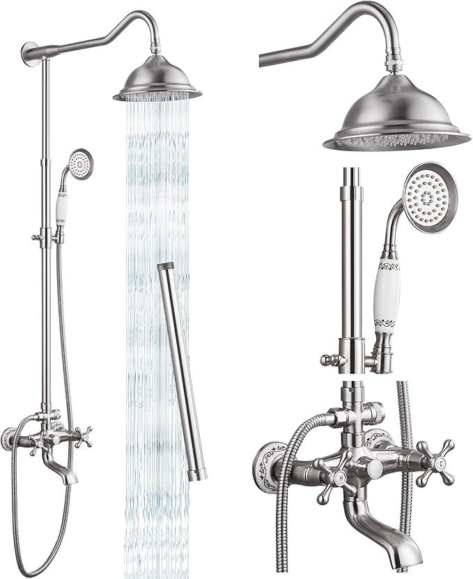 gotonovo Vintage Exposed Shower Faucet Set with Tub Spout,Brushed Nickel | Bathtub 8” Shower Head with Handheld System Fixtures Combo Kit,360°Rotation,Fast Filler,Extra Extension Tube,for 5-6.7" Hole