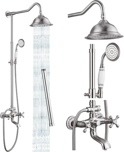 gotonovo Vintage Exposed Shower Faucet Set with Tub Spout,Brushed Nickel | Bathtub 8” Shower Head with Handheld System Fixtures Combo Kit,360°Rotation,Fast Filler,Extra Extension Tube,for 5-6.7" Hole