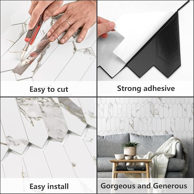 Vamos Tile Glossy White Marble with Gold Veining Backsplash Tile Peel and Stick, 12.8 x 12.8 Inch 10 Sheets Long Hexagon PVC Self Adhesive Mosaic Tiles Stick on Backsplash for Kitchen and Bathroom
