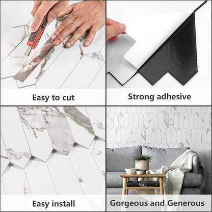 Vamos Tile Glossy White Marble with Gold Veining Backsplash Tile Peel and Stick, 12.8 x 12.8 Inch 10 Sheets Long Hexagon PVC Self Adhesive Mosaic Tiles Stick on Backsplash for Kitchen and Bathroom