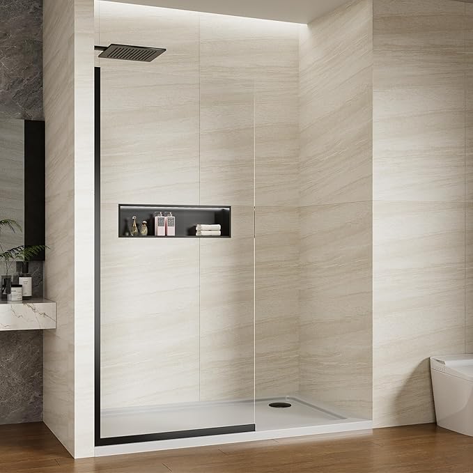 Shower Screen 36" x 76" Shower Wall Panel Matte Black | Tempered Glass 3/8 inch, Half Frameless Shower Wall Panel, Easy to clean Coating, Fixed Glass Shower Door With Hardware