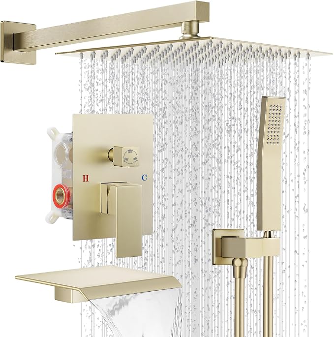 10" Rain Shower Faucet Set with Tub Spout, Brush Gold | Anti-scald cartridge, air tech boosts pressure 50%, 3-func diverter, NPT 1/2