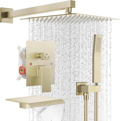 10" Rain Shower Faucet Set with Tub Spout, Brush Gold | Anti-scald cartridge, air tech boosts pressure 50%, 3-func diverter, NPT 1/2