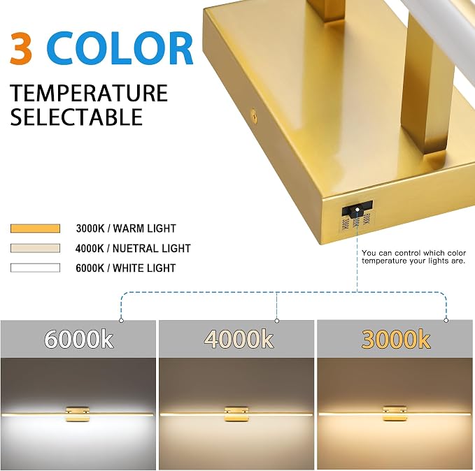 LED Bathroom Vanity Light, Modern Bathroom Light Fixture Over Mirror (3000K/4000K/6000K, Dimmable), Vanity Light Bar with Angle Adjustable, 48 Inch, Brass