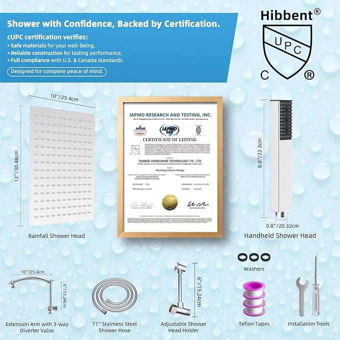Hibbent All Metal CUPC Certified 12'' Rainfall Shower Head, Dual Shower Head Combo with 4 Handheld Sprays, High Pressure Shower Wand, 16'' Adjustable Extension Arm, 71'' Hose, Shower Holder, Chrome