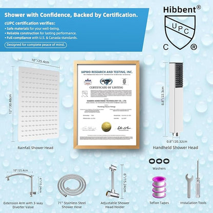 Hibbent All Metal CUPC Certified 12'' Rainfall Shower Head, Dual Shower Head Combo with 4 Handheld Sprays, High Pressure Shower Wand, 16'' Adjustable Extension Arm, 71'' Hose, Shower Holder, Chrome