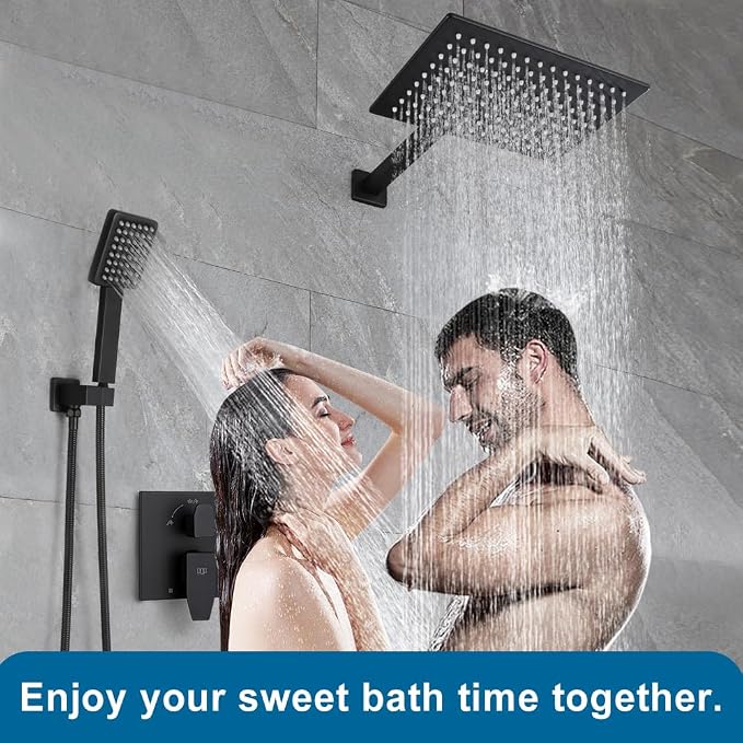 Matte Black Shower Faucet Set Rainfall 12 Inch Shower Head and Handle Set Bathroom Rain Shower System Wall Mounted Shower Fixture Include Shower Valve and Trim Kit