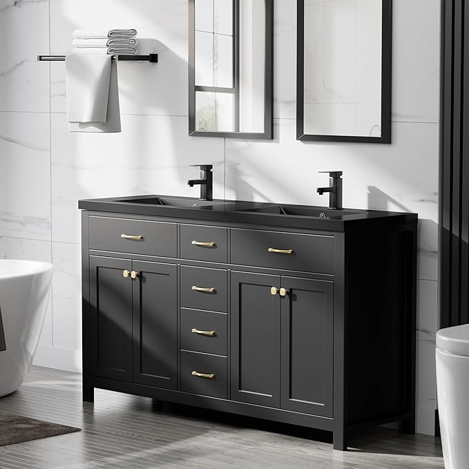 LUCKWIND 60" Bathroom Vanity and Sink Combo, Painted Modern Bathroom Storage Cabinet with Double Black Sink, Four Doors and Three Drawers, Include Faucet, Without Mirror, Black