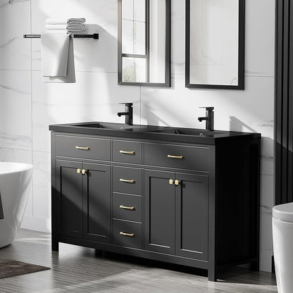 LUCKWIND 60" Bathroom Vanity and Sink Combo, Painted Modern Bathroom Storage Cabinet with Double Black Sink, Four Doors and Three Drawers, Include Faucet, Without Mirror, Black