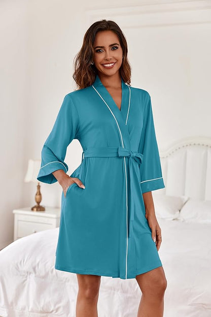 Ekouaer Women Kimono Robes Knee Length Knit Bathrobe Lightweight Soft Sleepwear V-neck Casual Ladies Loungewear