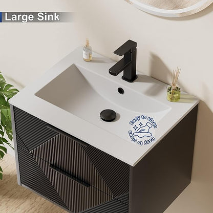 LUCKWIND 24" Floating Bathroom Vanity with Sink Combo, Wall Mounted Floating Cabinet with 2 Large Soft-Close Drawers & Water Saving Faucet, Geometric Textured Design in Black