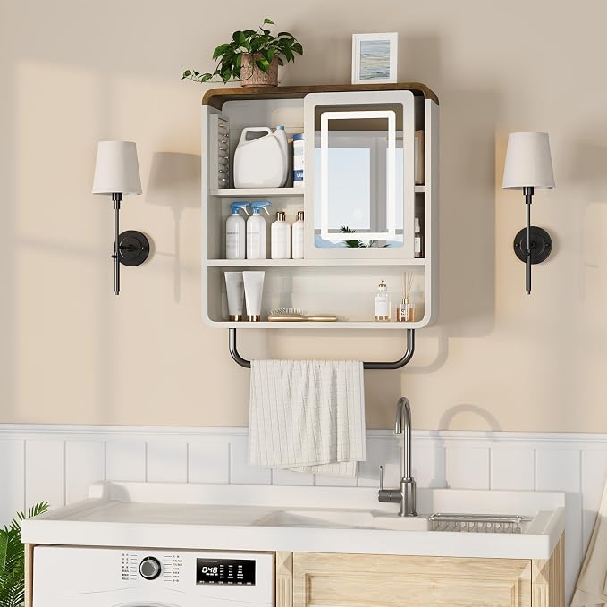 QUW Modern Bathroom Wall Cabinet, Medicine Cabinets with Mirror, Over The Toilet Storage Cabinet for Bathroom, Towel Bar, Sliding Door, 3 Lighting Modes, Adjustable Brightness, Antique White