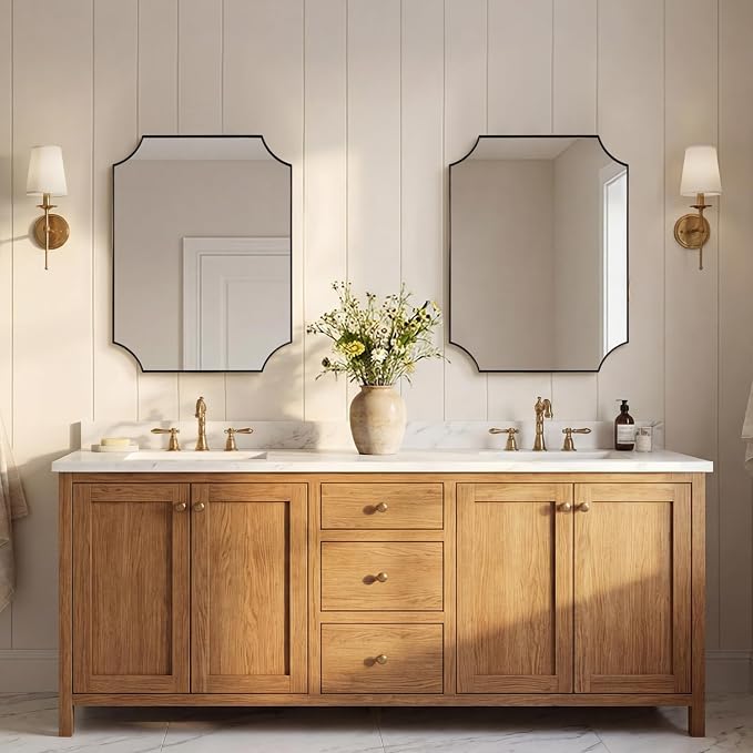 Bronze Mirror 22"x30", Brushed Bronze Scalloped Bathroom Mirror, Rectangle Wall Mirror in Premium Stainless Steel Metal Thin Frame, Hangs Vertically or Horizontally