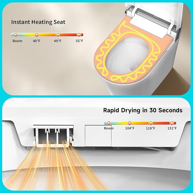 Smart Toilet with Bidet Built in, Elongated One Piece Bidet Toilet with Auto Flush, Heated Seat, Instant Warm Water, Dryer, Foot Sensor.Deodorization