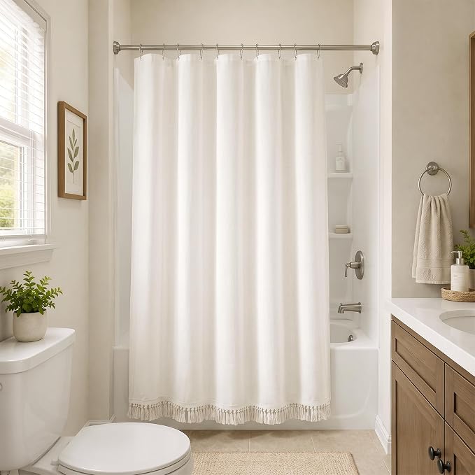 Linen Shower Curtain Boho Cream Shower Curtain with Tassels 60"L x 72"L | Thick linen-poly blend, soft textured drape, handcrafted fringe, neutral rustic farmhouse bathroom decor