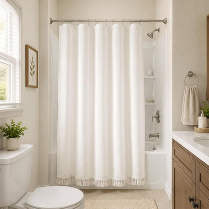 Linen Shower Curtain Boho Cream Shower Curtain with Tassels 60"L x 72"L | Thick linen-poly blend, soft textured drape, handcrafted fringe, neutral rustic farmhouse bathroom decor