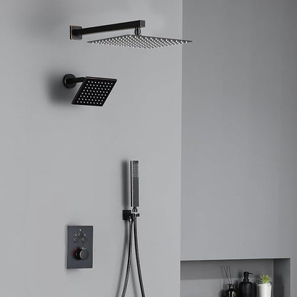 Thermostatic Dual Shower System, Shower Faucet(Oil Rubbed Bronze) | 12 Inch Shower Head, 6 Inch Wall Mount Head, High Pressure Handheld Sprayer, Push Button Valve