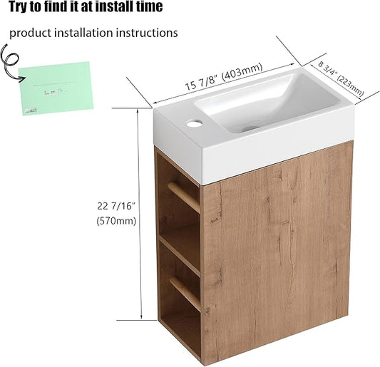 16" Bathroom Vanity with Sink, 16 Inch Floating Bathroom Vanity for Small Space, Modern Bathroom Vanity, Brown Wall Mounted Cabinet Set（050）