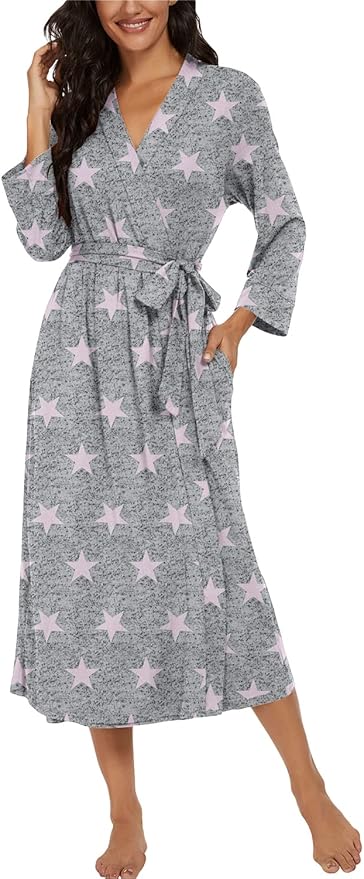 VINTATRE Women Kimono Robes Long Knit Bathrobe Lightweight Soft Knit Sleepwear V-neck Casual Ladies Loungewear