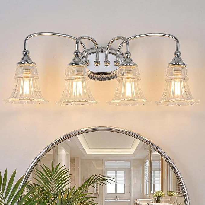 4-Light Vintage Bathroom Light Fixtures, Chrome | Vanity Lights Over Mirror with Floral Glass Shade for Bathroom Powder Room, Living Room Hallway